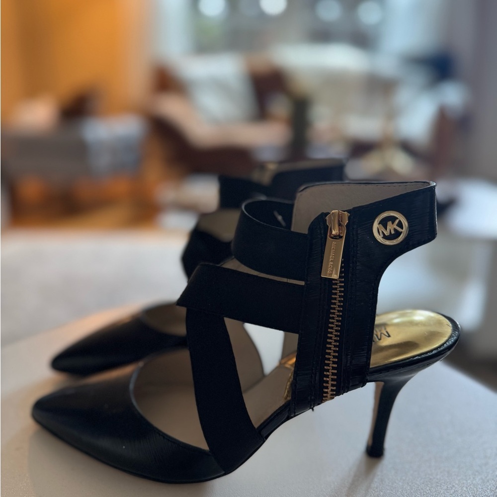Michael Kors Black Strappy Heels with Gold Zipper